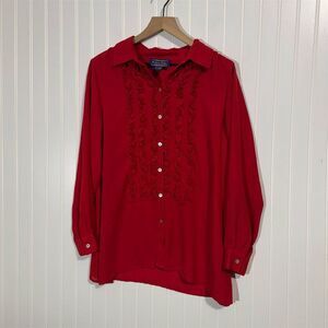 Willow Ridge Red Ruffle Front Blouse LP Long Sleeve Button Down Retro‎ Western